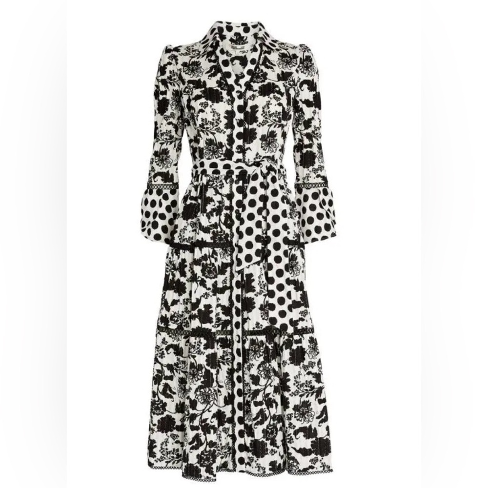 Diane von Furstenberg Barry Dress XL Black White Cotton Floral Polka Dot Midi